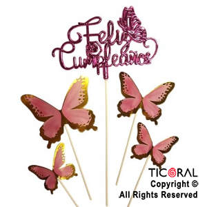 CAKE TOPPER FELIZ CUMPLEAOS FUCSIA CON MARIPOSAS CON STAMPING ROSA X 1